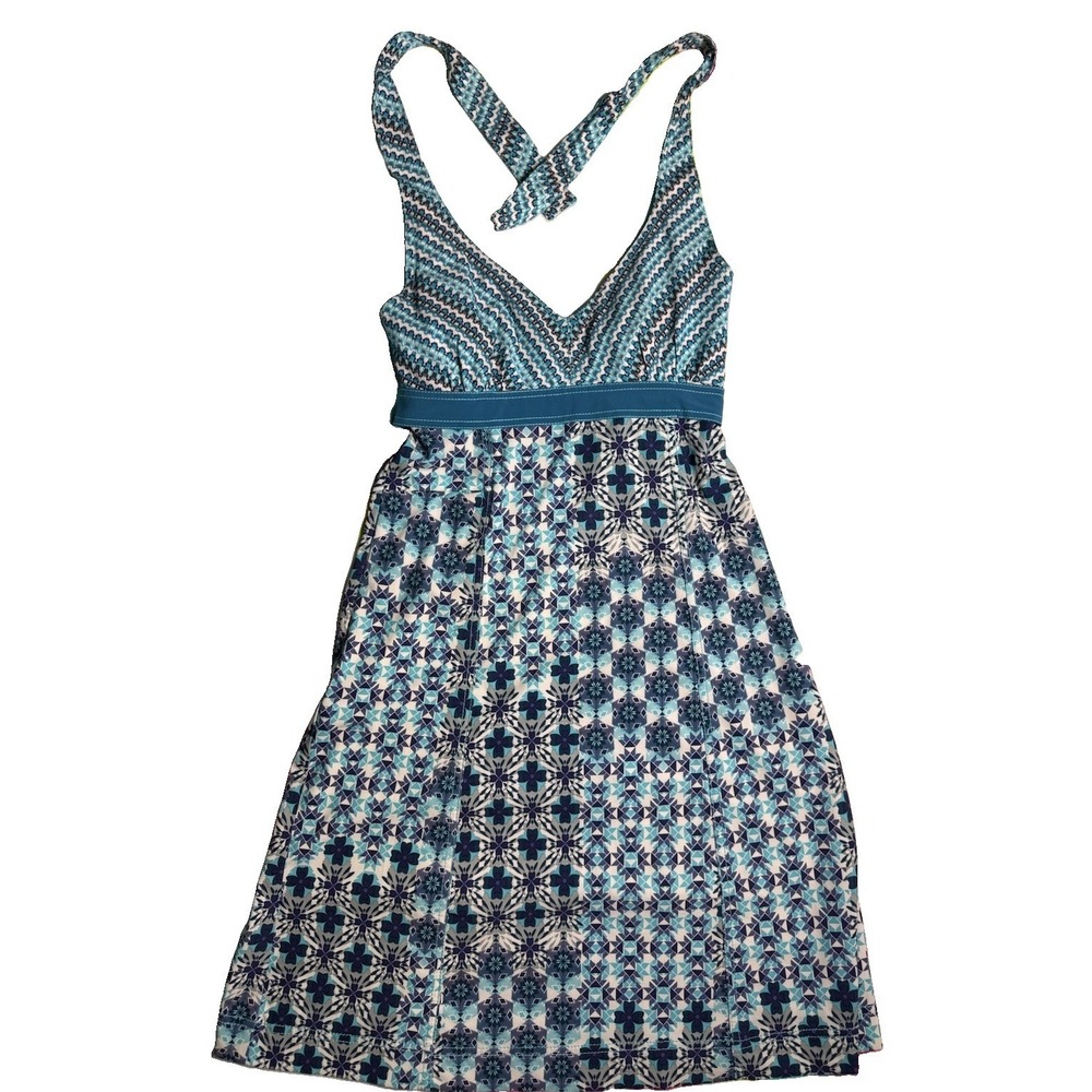 Athleta Womens Go Anywhere Halter Dress Geo ‎ Mini Smocked Summer Resort 4 Tall